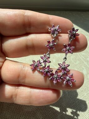 sterling silver ruby flowers delicate dangle earrings